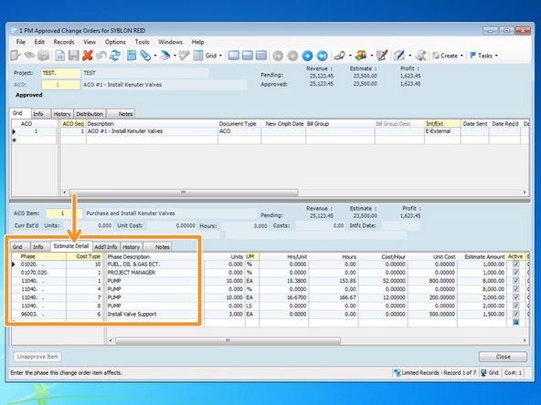 From the "Estimate Detail" tab, all of the line items associated with the PCO will be incorporated in to this ACO.  If the owner has made any changes to the PCO, such as units or dollar amounts, you can adjust the items here prior to interfacing the ACO.  You do not need to go back and change the PCO.