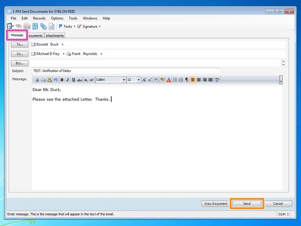 From the "Message" tab, you can add a message to the recipient that will show up in the body of the email.