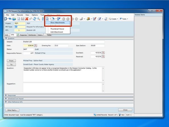 Once the RFI template is completed, you can click on the paperclip icon to view the attachments associated with this entry.