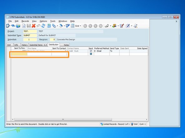 To add a new contact, you first need to select the contact's firm.  Select the bottom cell under the column "Sent To Firm".  If you know the Firm code, you can enter it or you can press the F4 key to show Viewpoint's look up table.