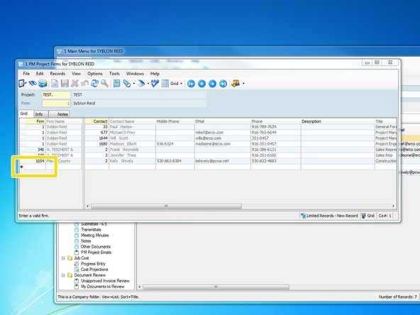 To add a new contact, you first need to select which Firm the Contact is in.  At the bottom of the grid is a row marked with a * where new entries are added.  Select the cell under the "Firm" column and hit the F4 key