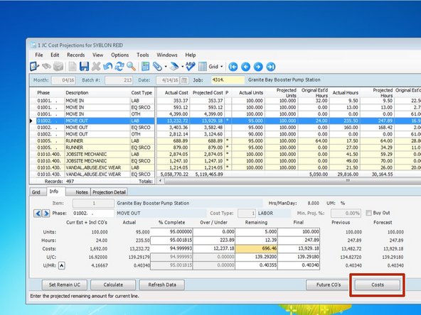 To see what costs have already been charged to your project and included in the "Actual" "Costs", click on the "Costs" button.