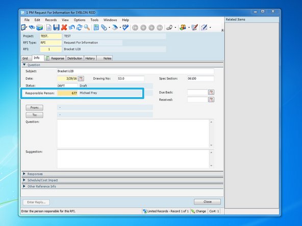 Insert Responsible Person.  The input for this field should be the SRC Employee Code Number for the person creating and monitoring this RFI.