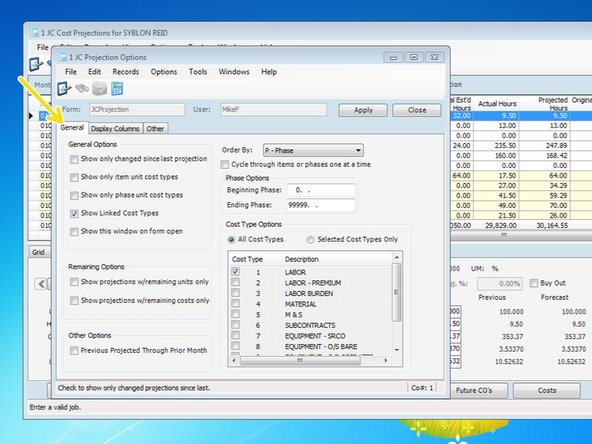 From the "General Tab", you can select from a lot of sorting options:  you can view by sorting from a range of phase codes, you can sort by Cost Types, and you can select from among many other helpful options.