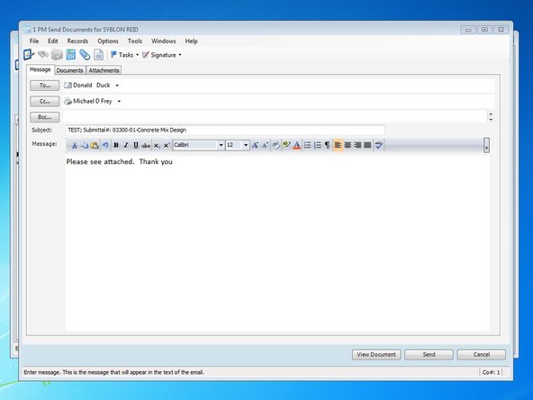 The submittal is sent to the Oqner via the Message tab.  If you are emailing the submittal and wish to include a message, you can do so in the body of the email.  If you want to review your submittal one last time before it gets delivered, press the "View Document" button at the bottom of the window.  When complete, press the "Send" button.