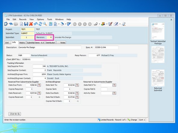 If you need to create a revision, the "Submittal" number will be the same but you can change the "Revision" number. Open up the original submittal, select the "Revision" field, and enter in the next revision Number.  This field is a numeric field so revisions in this field need to be numbers, not letters.