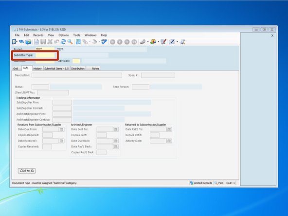 The first entry you need to make is in the "Submittal Type" field.  You can type in the correct entry, or press the F4 key to show the Look Up Menu.