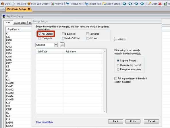 Select the information from the template job that you want to merge to the active job.