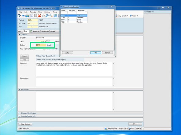 Once you receive the RFI response, You can go back to the RFI's "Info" tab, select the "Status" cell, Press F4, and select the new status "ANSR" for an Answered RFI.