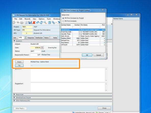Click on the From and To buttons to select who the RFI will be coming from, and who the RFI will be addressed to.