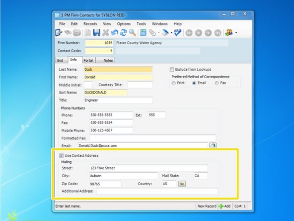 If the contact has a different address from the main company, such as a field office or secondary location, check the "Use Contact Address" box and input the contact's address