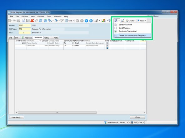 Once the information for the RFI is entered, we need to create the RFI document.  Do this by clicking the drop down menu next to the "Create and Send" icon, labeled as an envelope., and selecting "Create Document from Template".