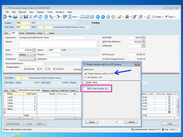 Add the Vendor that your change order is going to.  Select the field under "Vendor" and press the F4 key.