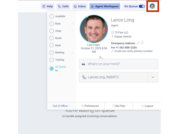 When there is 5 minutes or less left in your shift, you must change your Status to "Away - End of Shift".  If you are currently on a phone call or sitting idle, this is required.