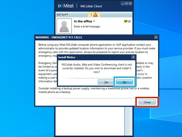 Each time the  MiCollab software is opened, you will see two pop up windows that need to be acknowledged, and closed.