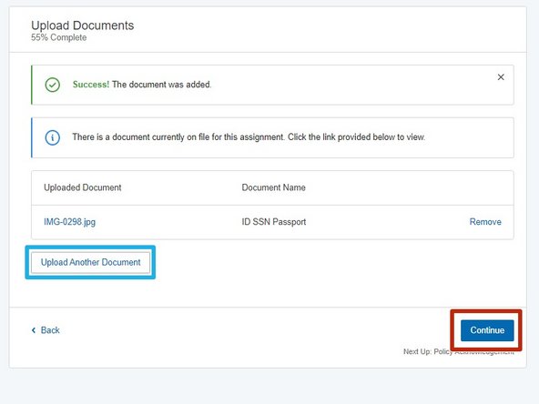 Once the file has been uploaded, you can upload another image, or continue with your onboarding.