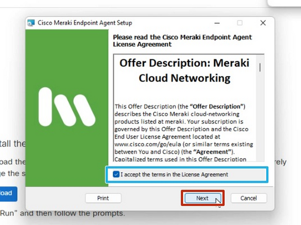 Meraki systems Manager Agent Setup will appear.