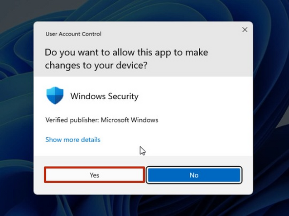 Windows Security will ask for permission to make changes.