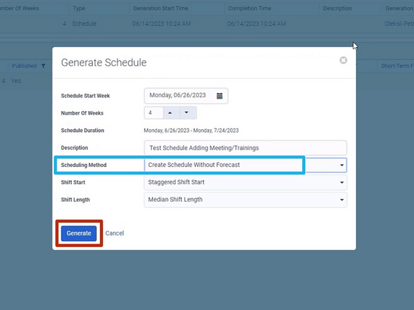 Set the Scheduling Method to Create Schedule Without Forecast