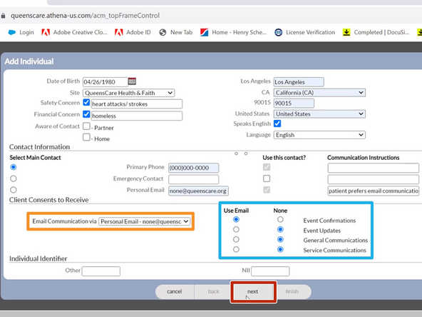 Even if the patient did not provide an email address, you must select their email communication preferences.