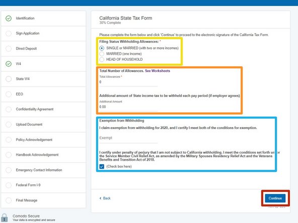 Select your Filing Status Withholding Allowances