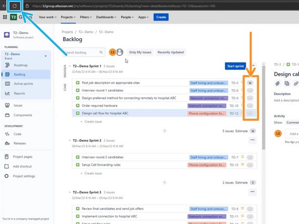 Once the Story Points have been defined in each Story you may need to refresh your webpage for them to appear in the Backlog.