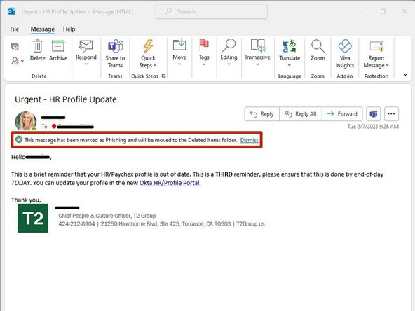 A confirmation message will appear above the email.