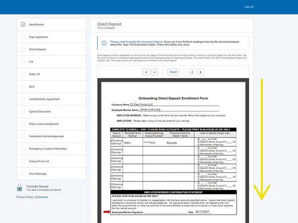 Scroll down and review the Onboarding Direct Deposit Enrollment Form