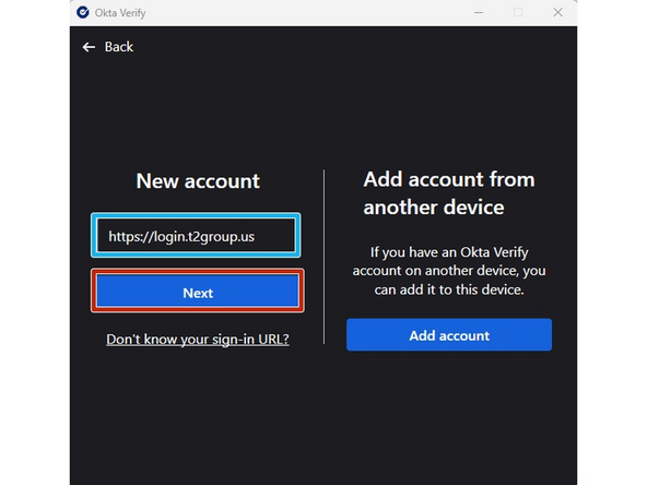 Ensure the displayed URL is  https://login.t2group.com 