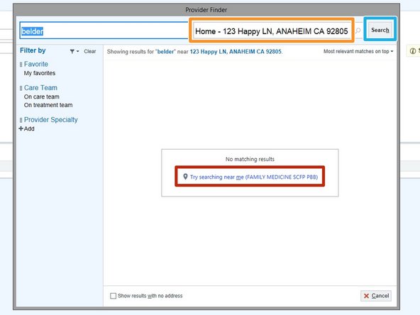 If the search result does not include the desired doctor, verify that the correct address is being used.