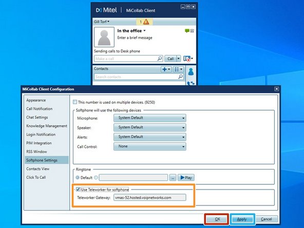 If the Teleworker for Softphone is already enabled and entered, simply click OK 