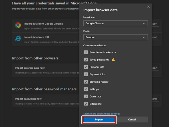 Select the specific browser data you want imported from the list.