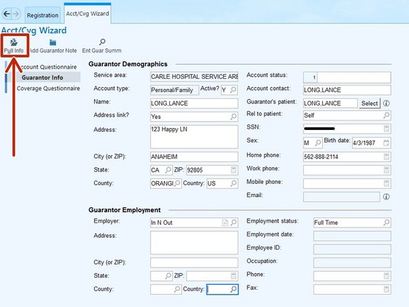Since the patient demographics have been added and the patient is their own guarantor, the employer information can be pulled from the patient demographics.