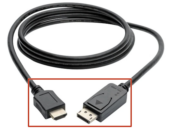 A DisplayPort to HDMI cable is provided separately.  If you did not receive one, contact your hiring manager.