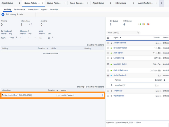 Live interactions are shown in the Queue Activity report once you have chosen a specific queue.