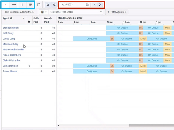 To switch between daily, weekly, and monthly schedule views: