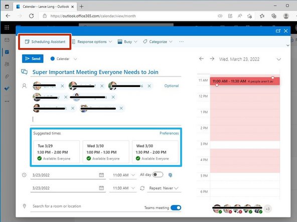Outlook will suggest dates and times that all attendees are available.