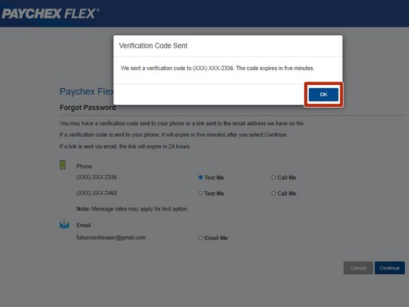 A Verification Code Sent message will appear.