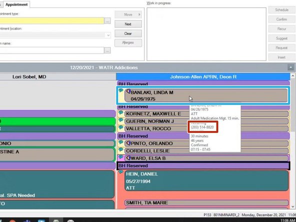 Hove the mouse over the patient's name