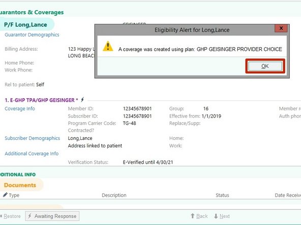 Once the Eligibility Alert appears:
