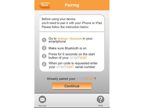 The SmartHeart™ iOS App cannot control your device’s Bluetooth connection.  You must pair manually from your iPhone/iPad’s settings.