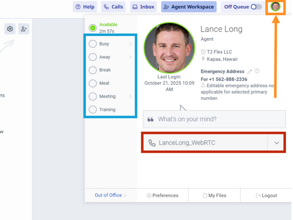 To change your Status and review your softphone status: