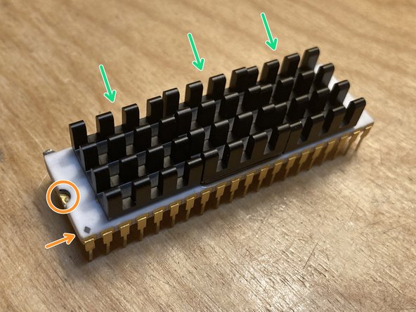 The stock aluminum heatsink found on most RGB PPU chips is too tall to fit inside the TinyNES enclosure. We include and recommend the use of three low-profile heatsinks with machined fins. We provide them pre-fitted with thermal tape.