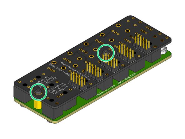 Locate and fasten two M2.5 × 6 mm pan head machine screws to secure the Assembly Template to the Control Board, sandwiching all of the loose components and the Assembly Spacer solidly in-between them.