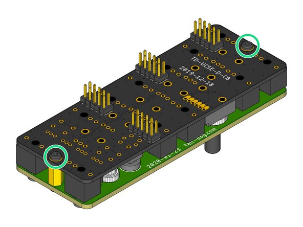 Locate and fasten two M2.5 × 6 mm pan head machine screws to secure the Assembly Template to the Control Board, sandwiching all of the loose components and the Assembly Spacer solidly in-between them.