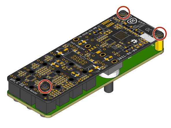 Locate and fasten three M2 × 6 mm pan head machine screws to secure the Assembly Template to the Main Board, sandwiching all of the loose components and the Assembly Spacer solidly between them.