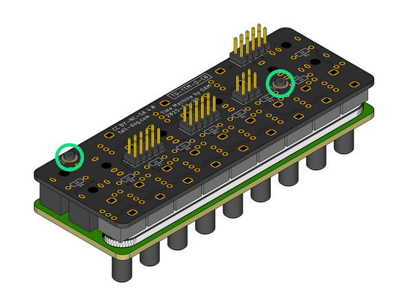 Locate and fasten two M2 × 6 mm pan head machine screws to secure the Assembly Template to the Control Board, sandwiching all of the loose components and the Assembly Spacer solidly in-between them.
