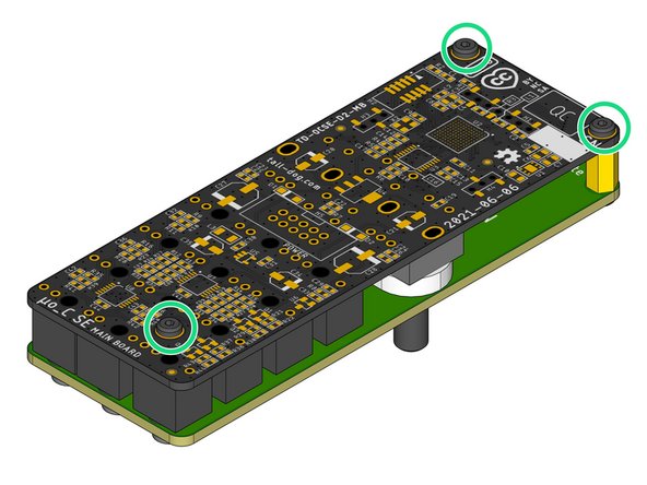 Locate and fasten three M2.5 × 6 mm pan head machine screws to secure the Assembly Template to the Main Board, sandwiching all of the loose components and the Assembly Spacer solidly in-between them.