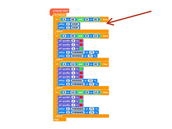 Add some more Sparkle blocks to the first IF block to turn all the Sparkles red if the robot is off the line.
