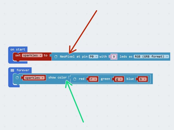 In on start, setup the sparkles using the variable you just created. Make sure you set it to P0 with 9 LEDs.
